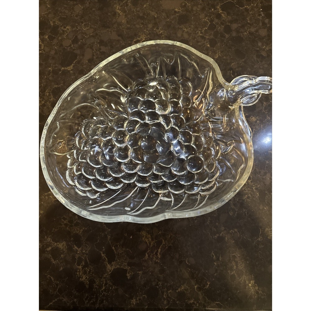 Vintage 1970 Indiana Clear Pressed Glass Grape Cluster Leaf Shaped Bowl 12 Inch